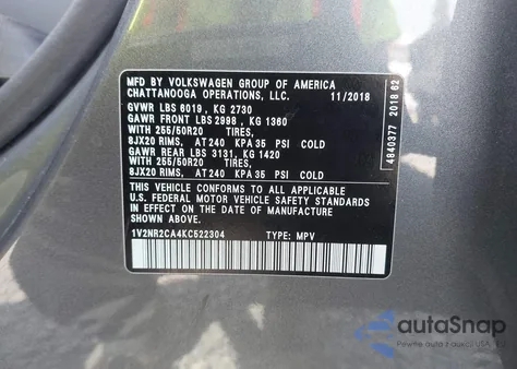 2019 Volkswagen Atlas 3.6L V6 Sel Premium from USA, damaged, VIN 1V2NR2CA4KC522304